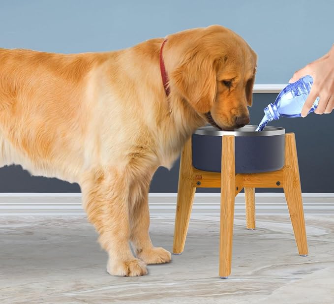 Dog Bowl Stand for Mid-Large Dogs | Adjustable, Bamboo, 12-inch High | Use to Elevate, Raise Pet Food Water and Slow Feeder Bowls, Expandable with Locking Option, Non-Slip Feet, Stand Only