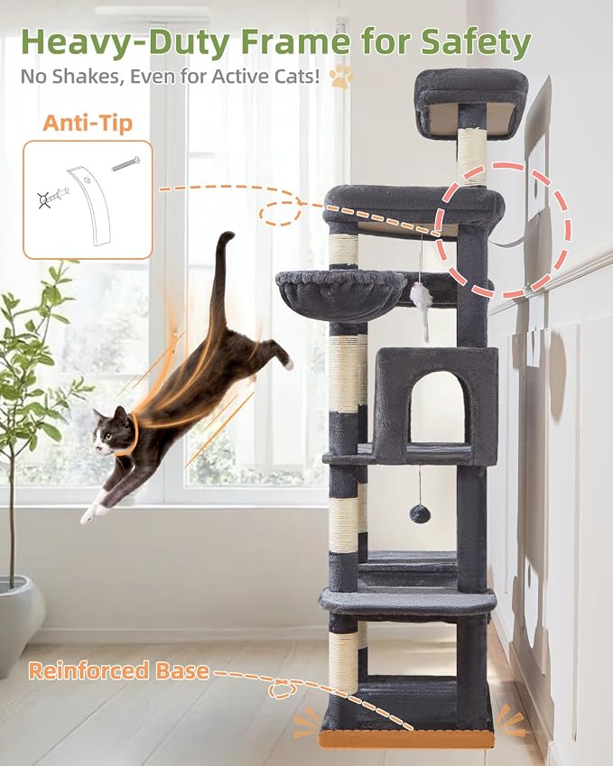 Taoqimiao Heavy-Duty Cat Tree, 71 in Cat Tower for Large Cats 20lbs+ | 3 Giant Multi-Tier Perches, Widened Cat Condo with 9 Scratching Posts, Plush Hammock & Basket, Toys, Smoky Gray, MS034G