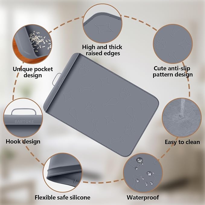 Cat Litter Mat for Litter Box 42" x 28", Large Silicone Mat, Dark Grey | Waterproof Litter Trapping Mat with Residue Collection Pocket, Raised Edge, Non-Slip Pet Placemat for Floors
