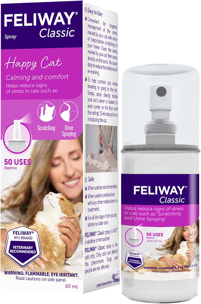 FELIWAY Classic Cat Calming Spray, 60ml | Comforts Cats at Home and On the Go and Helps to Calm During Travel