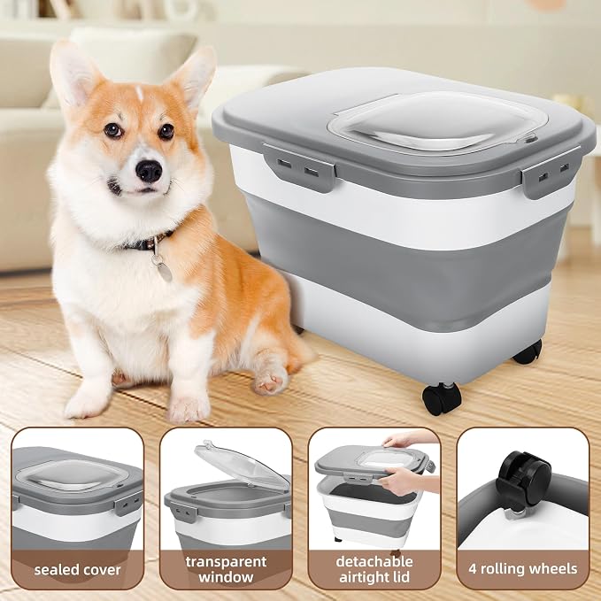 Dog Food Storage Container 17 lb, Airtight Pet Food Storage Containers with Wheels & Removable Sealed Lid, Collapsible Cat Food Containers Dry Food with Scoop and Measuring Cups