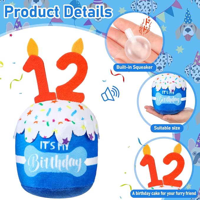 Dansydaisy Dog Birthday Cake Toy Squeaky Plush Toy for Girl Boy Gifts, Chew Accessories for Dog Birthday Party Decor Favor for Large, Medium and Small Dogs(12th,Blue)