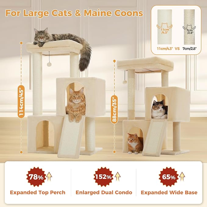 PAWZ Road Large Cat Tree, 45" Heavy Duty Cat Tower with Dual Condos, 3 Thick Full Wrapped Sisal Posts(φ4.3), Spacious Top Perch, Scratching Ramp for Large Cats,Beige