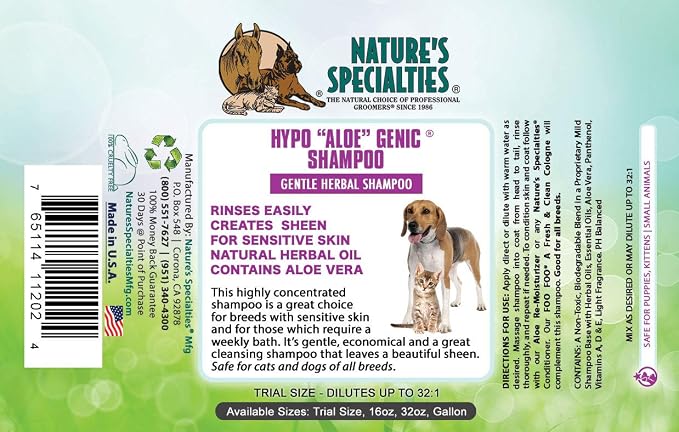 Nature's Specialties Hypoallergenic Ultra Concentrated Aloe Dog Shampoo for Pets, Makes up to 32 Gallons, Natural Choice for Professional Groomers, for Sensitive Skin, Made in USA, 1 gal