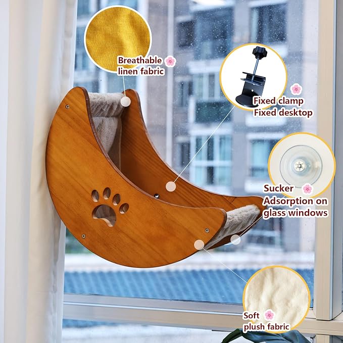 Cat Window Perch Hammock Bed with Strong Suction Cups, Space-Saving Window Cat Bed for Indoor Cats, Multi-Use Moon Shelf for Desk or Window
