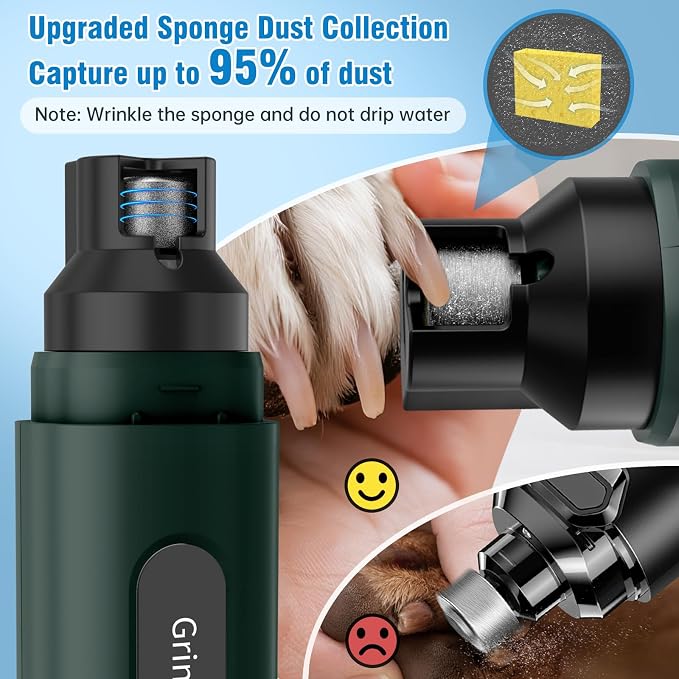 Dog Nail Grinder, Safe Electric Pet Nail Trimmer for Dog Grooming | 7-Speed Adjustable, Quiet Low Vibration, LED Light & Sponge Dust Collector, Painless Trimming, Storage Bag (Black & Green)