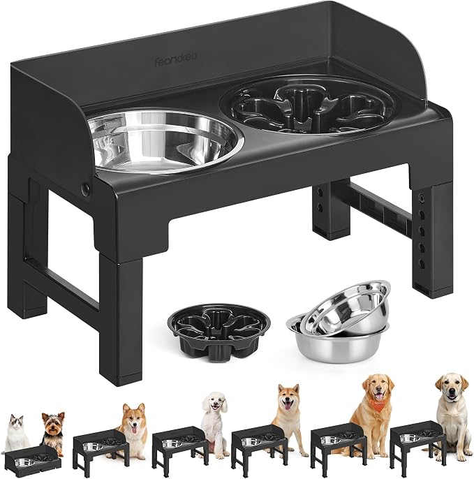 Feandrea Dog Bowls Elevated, Raised Stand with 1 Slow Feeder and Two 304 Stainless Steel Bowls, Adjustable Height and Tilted Design, Ink Black UPRB103B01