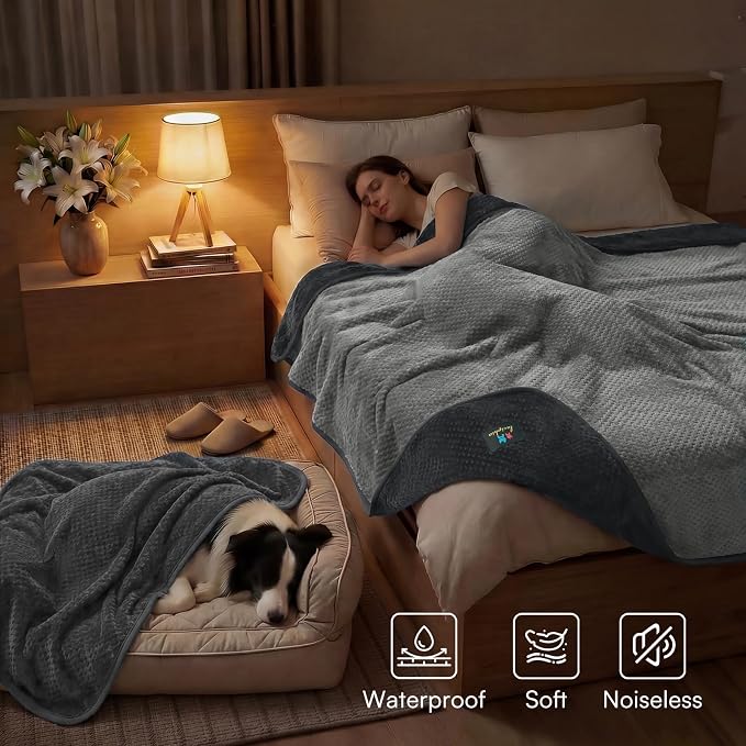 Luciphia Waterproof Blanket for Large Dog Ultra-Soft & Calming Pet Throw Reversible Warm Fleece Durable Furniture Crate Couch Bed Cover Protector Machine Washable Leakproof Grey XL (85''x57'')
