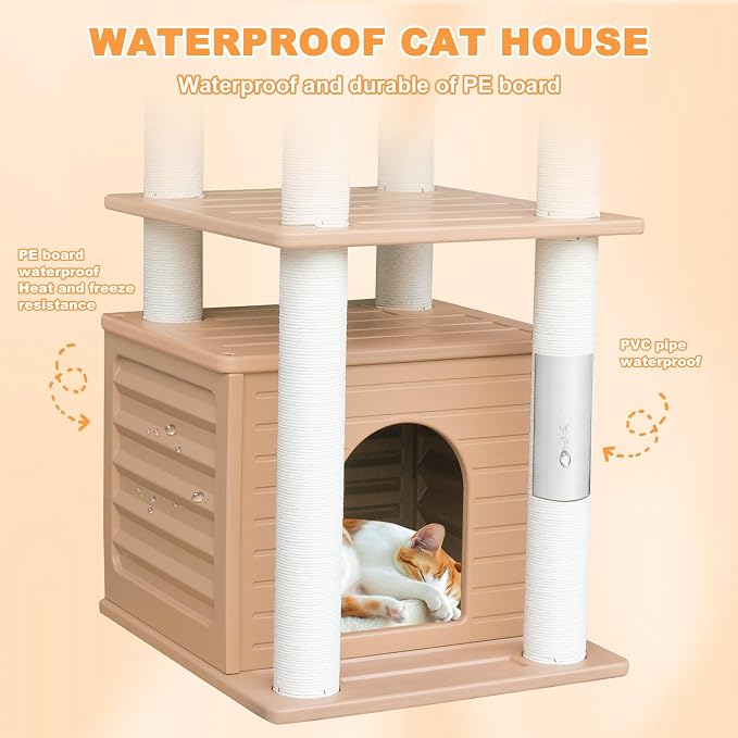 46" Indoor&Outdoor Cat Tower,Weatherproof Cat Condo with Scratching Posts | Khaki Cat Apartment with Waterproof PE Panels&PVC Tubes,Equipped with Polypropylene Scratching Ropes,Sturdy and Durable CTT-9