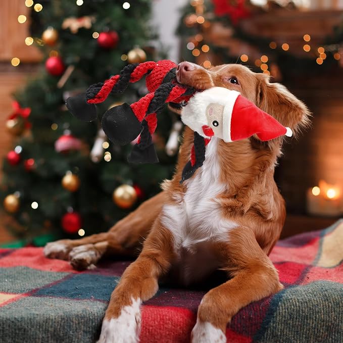 Senneny Christmas Dog Toys, Squeaky Santa Plush with Ropes for Tug of War, Durable Interactive Chew Toys for Puppy Small Medium Large Dogs