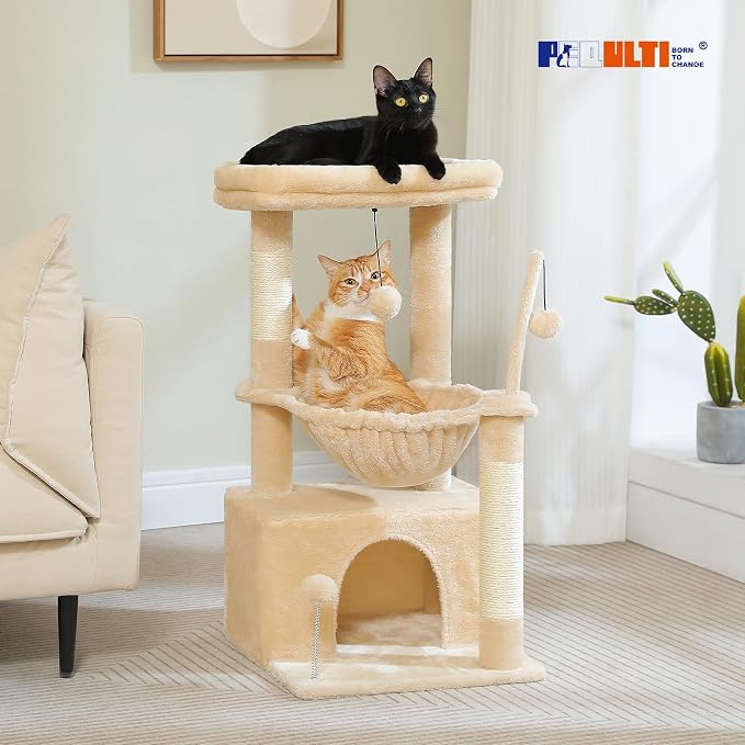 PEQULTI 4-in-1 Cat Tree, 33'' Cat Tower for Indoor Cats with Large Cat Condo, Scratching Post for Cats with Deep Hammock& Cozy Top Perch, Beige