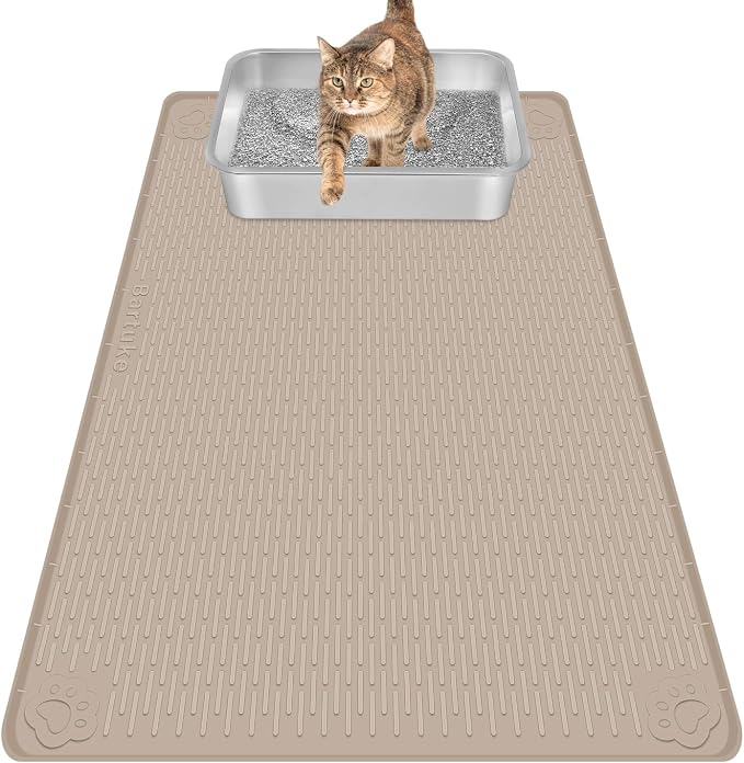 Silicone Cat Litter Mat for Litter Box 34”x22” Large Cat Mat, Khaki | Waterproof, Non-Slip, Leak-Proof Rug Mat with Lip, Easy to Clean, Extra Large Litter Catcher Mat for Floor