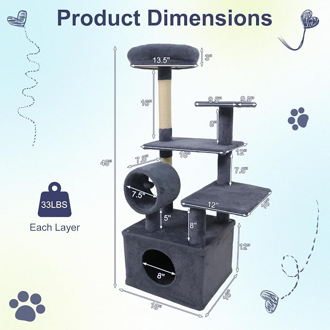 Multi-Level Cat Tree Tower, 48 Inches Tall with Sisal Scratching Posts, Condo, Tunnel with Dangling Ball Inside, Padded Top Perch, Multiple Jumping Platforms, Ideal for Indoor Cats (Dark Grey)