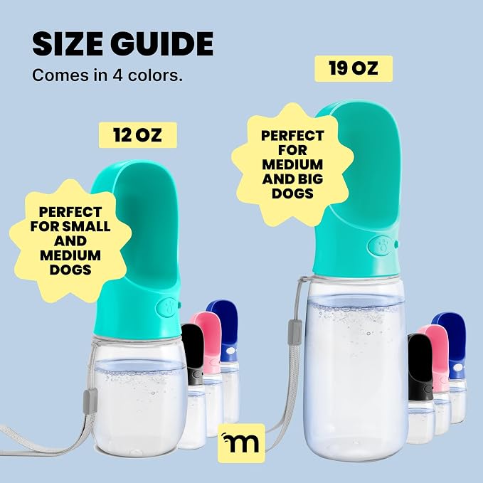 MalsiPree Dog Water Bottle Dispenser - 12 oz Blue, Leak-Proof | 12oz leak-proof bottle - one-hand use - built-in bowl - Use for dog walks, travel, hiking & beach days