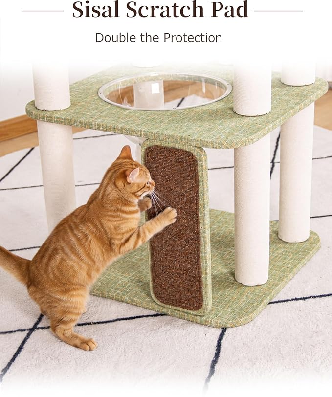 53'' Cat Tree for Large Cat, Modern Senior Friendly Cat Tower with Wide Shelves Low Step, Cotton Scratching Posts, Super Sturdy Base, Cozy Perches, and Interactive Toys (Green)