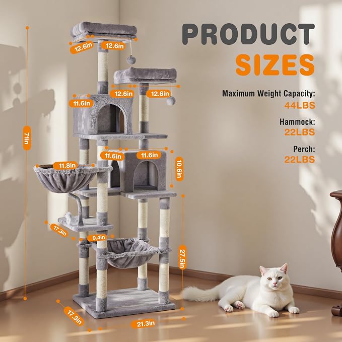 71 Inch Large Cat Tree Tower with Sisal Scratching Post | Multi-Level Cat Climbing Tower with Hammock, Pet Condo for Indoor Cats and Kittens, Light Grey