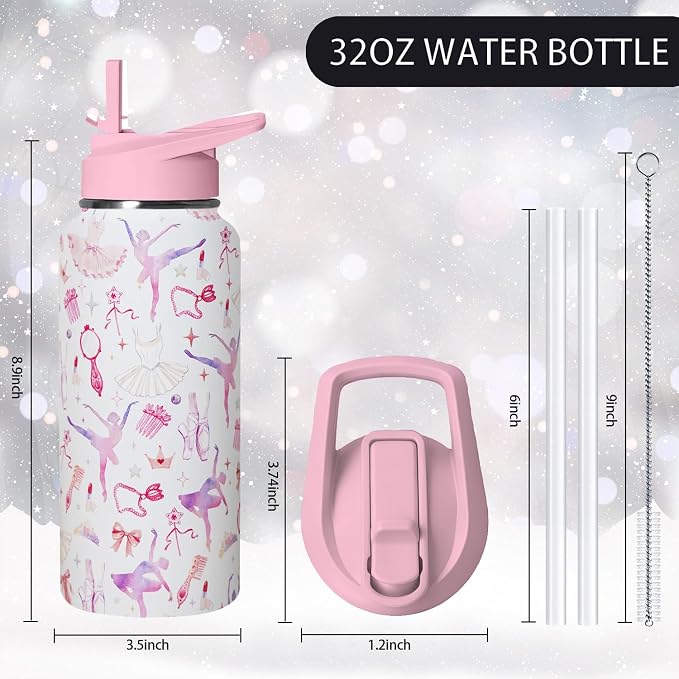 32oz Ballet Stainless Steel Insulated Water Bottle with Straw, Dance Themed Sports Coffee Travel Mug, Ballet Gifts for Women Girls Dancer Dance Decor Accessories