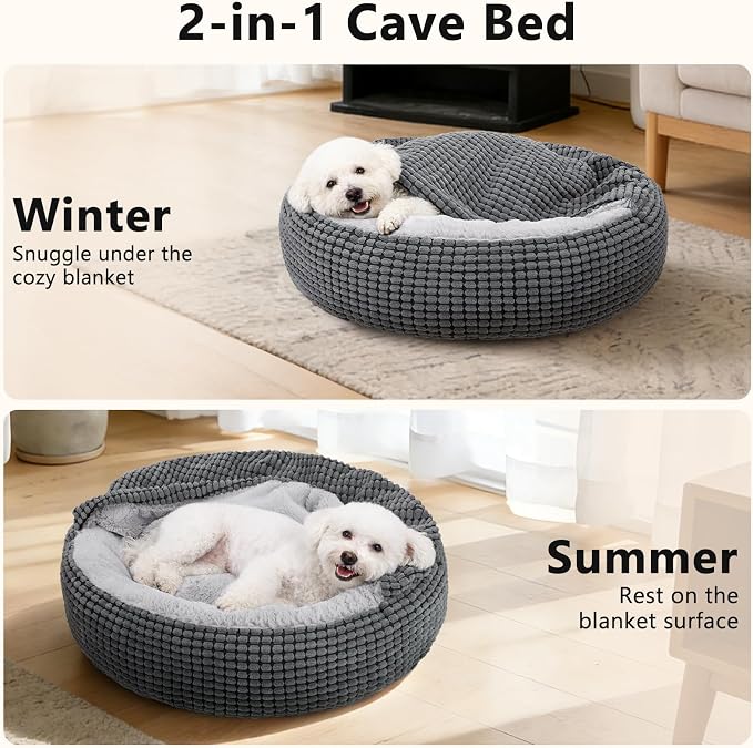 Small Dog Bed with Attached Blanket, Cozy Donut Cuddler Anti-Anxiety Hooded Pet Beds Calming Cave Bed. Orthopedic Round Puppy Beds for Dogs or Cats Washable, Anti-Slip Bottom, 23inch