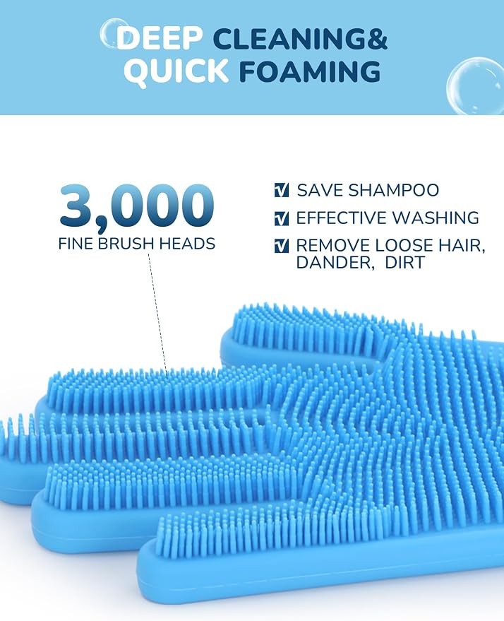 Pecute Silicone Pet Grooming Gloves for Washing Cats Dogs Bath Brush | Extended cuff, 3,000 soft bristles, Gentle massage & deshedding, Dishwasher safe, For large/thick coats, Home/car cleaning