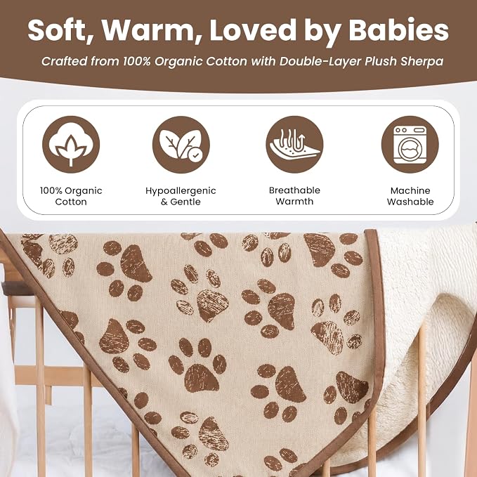 100% Organic Cotton Pet Blanket 30 x 38 in – Plush Double Layer Sherpa, Cozy Throw for Small Dogs, Cats & Baby – Earth Ivory/Mocha Meringue