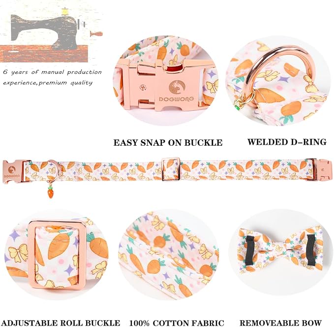 DOGWONG Easer Dog Collar with Bow,Pink Easter Dog Collar, Adjustable Durable Soft Carrot Easter Dog Collars for Male Female Puppy,L