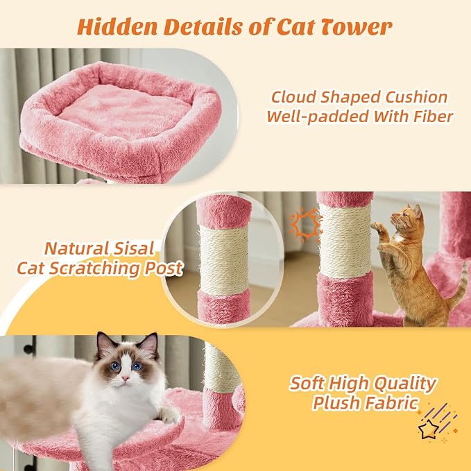 44 Inch Small Cat Tree Tower for Indoor Cats and Kittens | Multi-Level Cat Climbing Tower with Natural Sisal Scratching Post and Hammock, Pet Condo, Pink