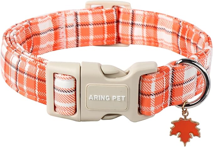 ARING PET Fall Dog Collars, Cute Orange White Plaid Halloween Autumn Pumpkin Maple Leaves Pet Collar with Quick Release Buckle for Small Medium Large Girl Boy Dogs-M