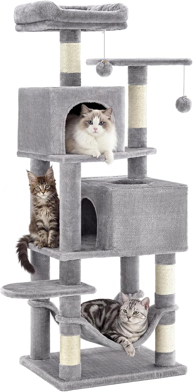 SONGMICS HOME Cat Tree for Indoor Cats, Multi-Level Cat Tower with Sisal Scratching Posts, Hammock and Condo, Light Gray