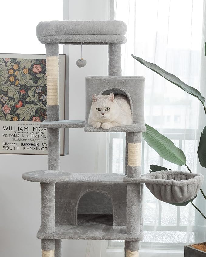 Multi-Level Cat Tree,69 Inches Tall Cat Tower with 2 Plush Condos,Hammock and Plush Perch, Scratching Posts and Pompoms,Gray Cat House for Indoor Cats