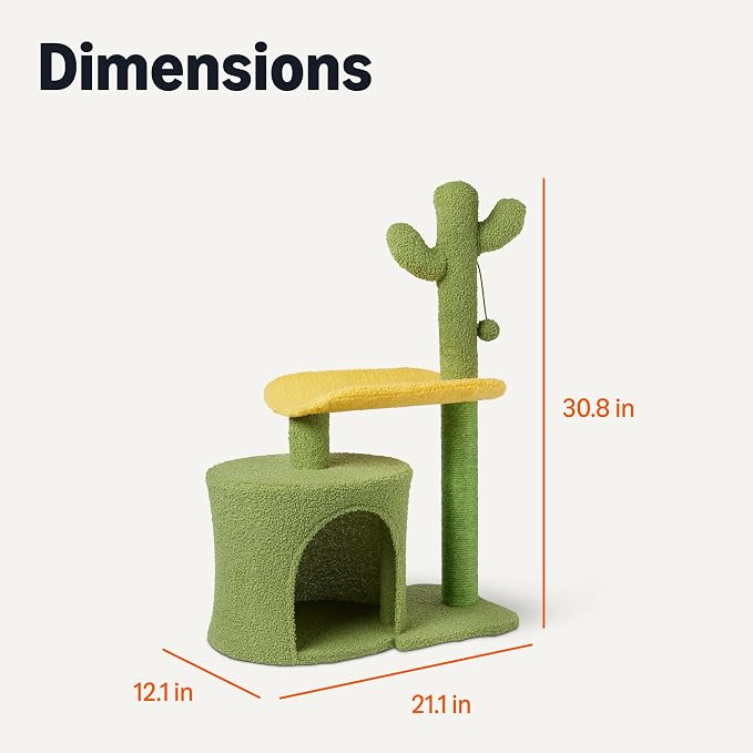 Amazon Basics Cactus Cat Tree for Indoor Cats & Kittens, Scratching Post with Curved Perch, Cozy Cat Condo, Natural Sisal, Interactive Dangling Ball, 30.7" (77.9cm) H, Green