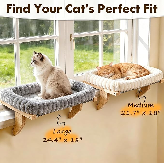Zoratoo Cloud-Cuddle Cat Perch for Window Sill with Zipper Cushion, M Gray | 21.7’’x18’’, Removable for Machine Wash, Fluffy Plush Bolster, Sturdy Metal Frame for Large Cats up to 40lbs, Easy to Adjust