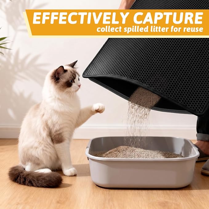 Pieviev Litter Mat, Double-Layer Waterproof Trapping Mat, 36" x 30" Black | Honeycomb Design Catches Scattered Particles to Stop Tracking, Urineproof Base Protects Floors, Easy to Clean