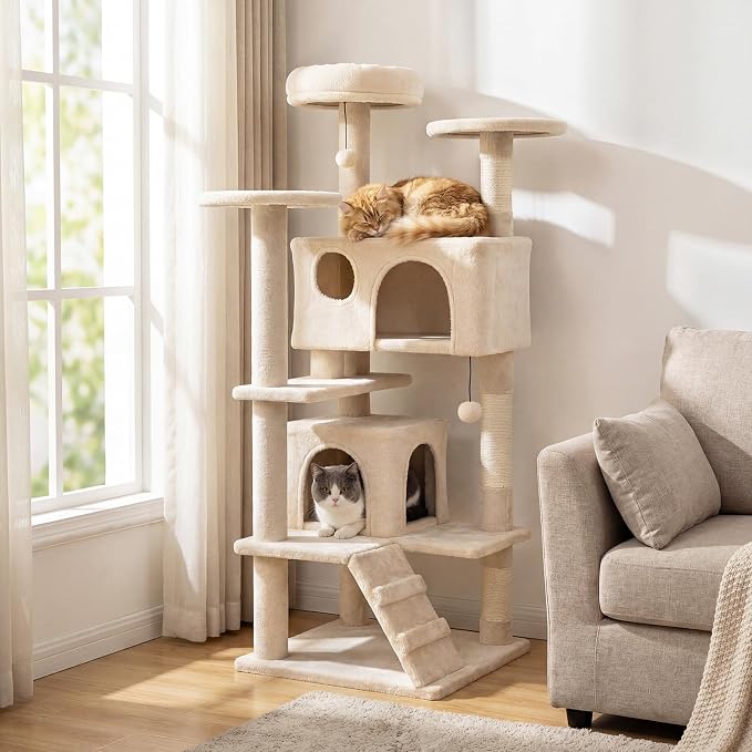 52-inch Cat Tree, Multi-Level Cat Tower with Sisal Scratching Posts, 2 Comfy Condos, Plush Padded Soft Top Perch, Dangling Balls, and Climbing Ladder, Ideal for Indoor Cats (Beige)