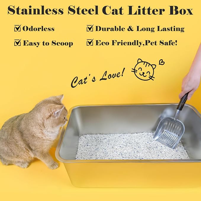 LIHONG Stainless Steel Cat Litter Box,Extra Large Metal Litter Box for Big Cats Kitty Rabbits,No Smell,Non Stick,Easy to Clean(24" Lx16 Wx6 H,XL)