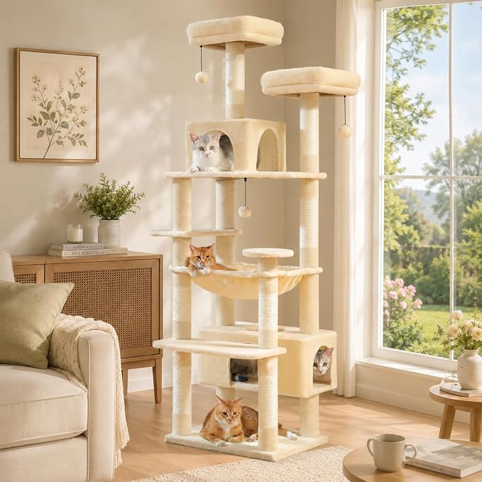 PAWZ Road 72" Cat Tree, Tall Cat Tower with Hammock& Condos for Large Cats | 20"x16" hammock for adult cats, cat tower with 7 scratching posts&pad, dual top perch and large condo for big cats