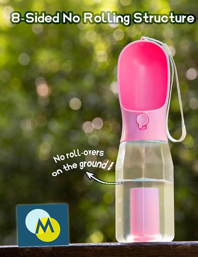 Portable Water Bottle for Small Dogs, 3 in 1 Animal Pet Travel Bowl Dispenser with Food Treat Container & Poop Bag Holder, Summer Hiking Walking Accessories for Puppy On The Go - Pink, 10oz