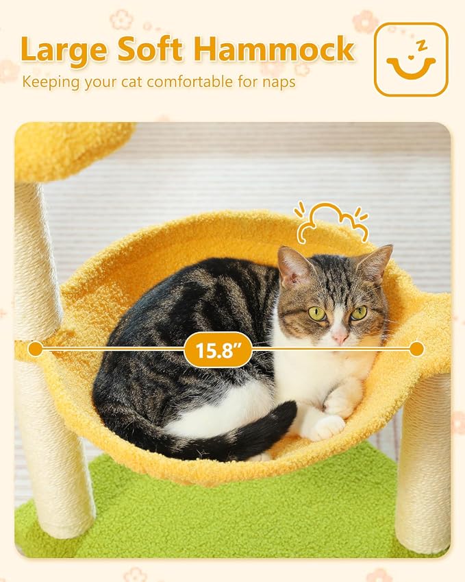 MUTTROS 28" Flower Cat Tree Cute with Flower Top Perch, Large Hammock for Indoor Small Cats, Small Cat Tower with Cute Scratching Post and Fur Toy Ball for Kittens, Yellow