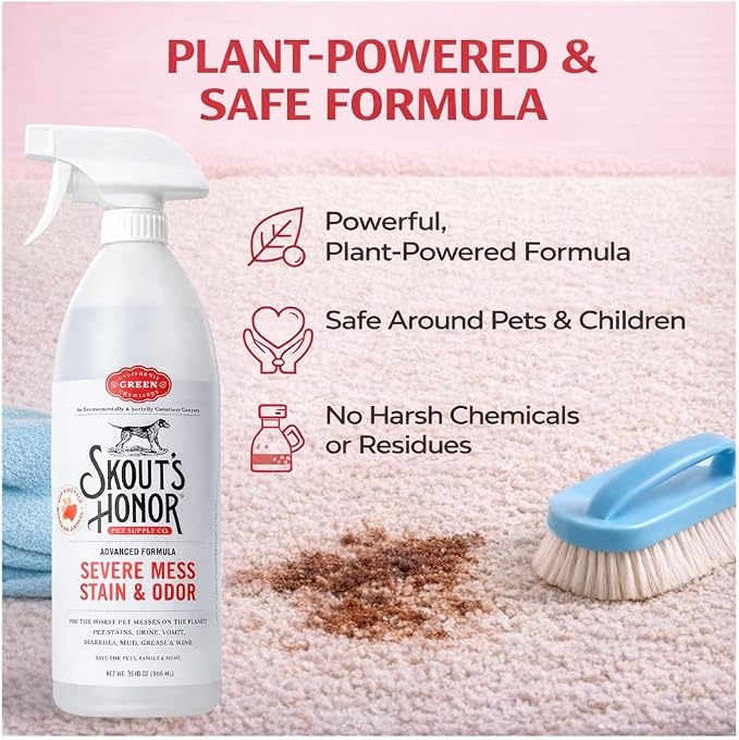 SKOUT'S HONOR Severe Mess Stain and Odor Remover, 35 oz | Advanced Stain and Carpet Cleaner for Dog Urine, Poop, Vomit and Toughest Pet Messes, Professional-Strength