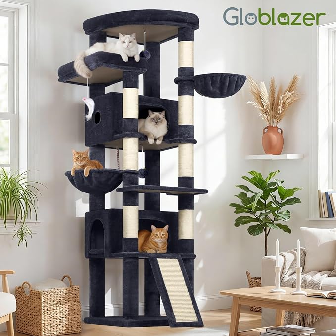 Globlazer 80in Tall Extra Large Heavy Duty Corner Cat Tree Tower, S80C | Sturdy Big Cat Tower for Indoor Cats Large Adult with Scratching Post, 2 Spacious Condos with Padding, 2 Perches, Dark Grey