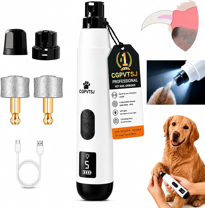 Silent Pro Nail Grinder for Dog Quiet Trimmers File 5 Speed Pet Clippers to Cats Grooming Tool Toenail Cutter Electric Whisper Puppy Guard Light Supplies Helper with 2 Sanding Pads Accessories