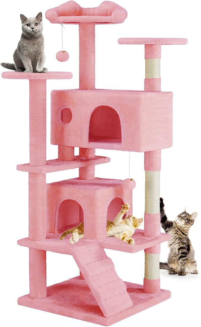 DUMOS 54-inch Cat Tree Tower with Scratching Posts, Indoor Use | Multi-Level Pet House for Large Cats with 2 Condos, Round Platform, Small Ladder and Toys, Pink