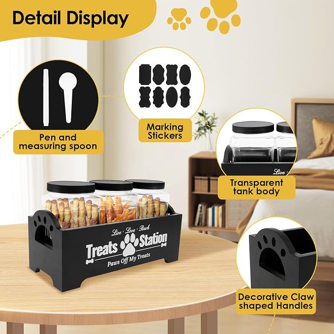Dog Treat Container for Countertop Dog Food Storage with 3 Plastic Treat Jars Wood Dog Food Container with Handles and Lids Farmhouse Practical Pet Cat Dog Treat Storage Containers (black)