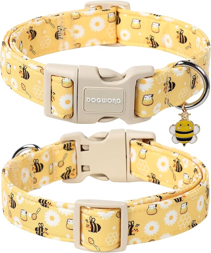 DOGWONG Yellow Bee Dog Collar- Cute Fun Dog Collars Adjustable Designer Spring Puppy Yellowe Dog Collar for Small Medium Large Dogs S
