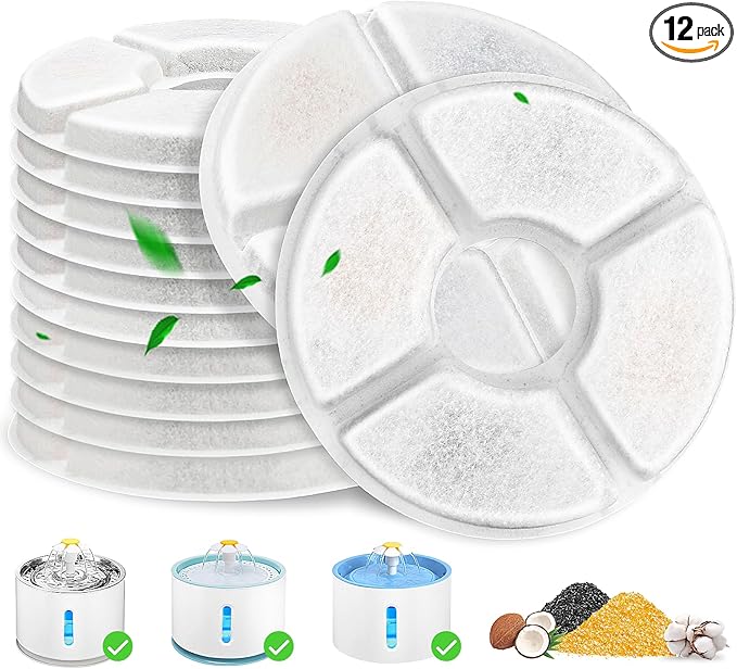 Cat Water Fountain Filter, 12 Pcs Replacement Cat Fountain Filters Dia is 5", 3-Filtration System Round Carbon Cats Filters Compatible with 81oz/2.4L Round Automatic Pet Fountain Water Dispenser