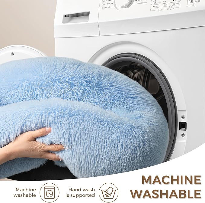 Calming Round Dog Bed & Cat Bed for Indoor Cats, Medium Size Washable Anti-Slip Anti-Anxiety Donut Dog Beds for Small Dogs & Cats, Fluffy Plush Soft Dog Bed(20 Inch, Light Blue)