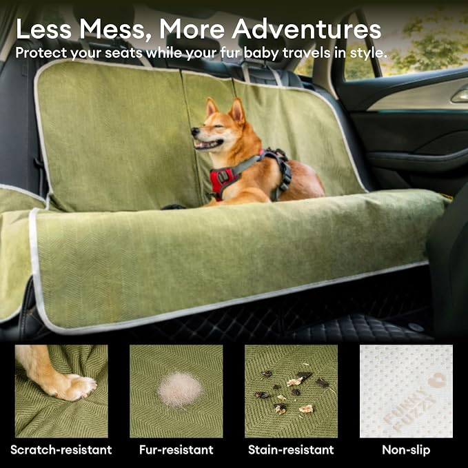 FUNNY FUZZY Dog Car Seat Cover for Back Seat, Back Seat Pet Cover for Dogs Waterproof, Scratchproof Dog Backseat Cover, Non-Slip Bench Car Seat Protector, Universal Fit Most Cars, SUVs, Trucks, Green