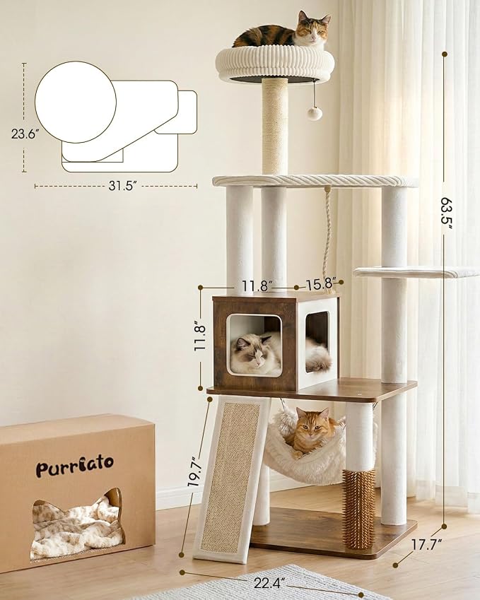 61" Modern Cat Tree, Tall Cat Tower with Self-Grooming Brush | Removable Washable Cushion, Pyramid Anti-Tip Base, Cat Furniture, Cozy Cat Condo, Sisal Scratching Post, Multi-Cat Household