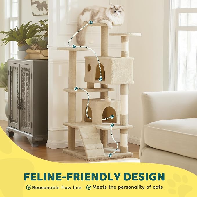 54 Inch Cat Tree Tower with Sisal Scratching Post | Multi-Level Cat Climbing Tower with Hammock, Pet Condo for Indoor Cats and Kittens, Beige