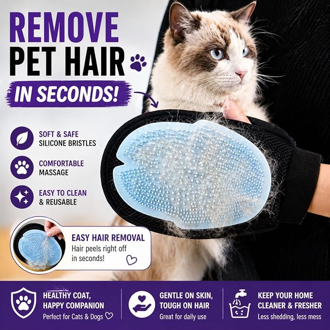 Pet Grooming Gloves for Dogs & Cats – Double Sided Deshedding Glove, Hair Remover & Massage Brush for Shedding Fur (Light Blue)