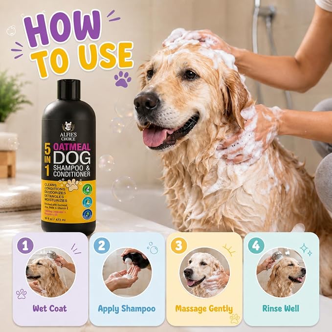 Oatmeal Dog Shampoo and Conditioner for Itchy Skin Relief 16 fl oz | 5-in-1 Puppy Shampoo for Sensitive Skin | Clean, Condition, Deodorize & Detangle | Dog Wash for All Breeds | ALFIE'S CHOICE